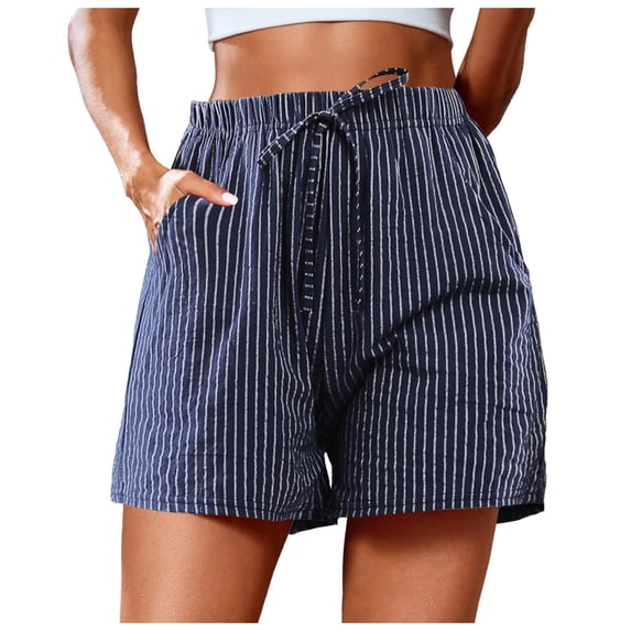HOWPAY Womens Shorts Striped Casual Wide Leg High Waisted Lounge Bottoms with Pockets Baggy Comfy Loose Fit Summer Vacation Sweat Shorts Navy L