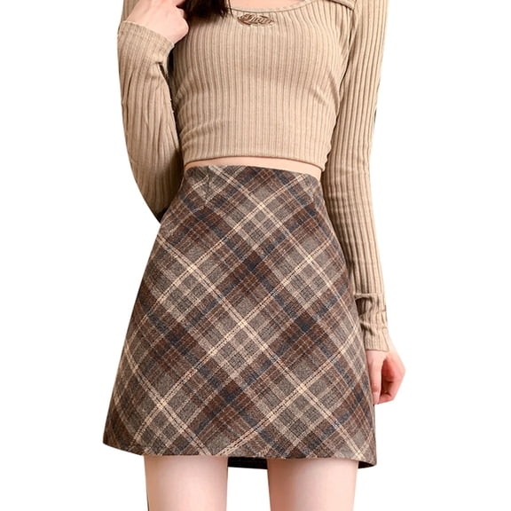 HOWPAY Womens Skirts Plaid Elastic High Waisted Casual Basic Mini Skirt Bodycon Pencil a Line Dresses Slim Fit Lightweight Fall Winter Y2k Outfit Coffee L