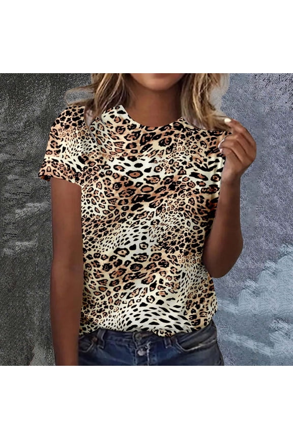 Womens Summer Tops Crew Neck Short Sleeve Leopard Print Blouse Loose Fit Baggy Work Tees Oversized Workout Casual Y2K Clothes Khaki S