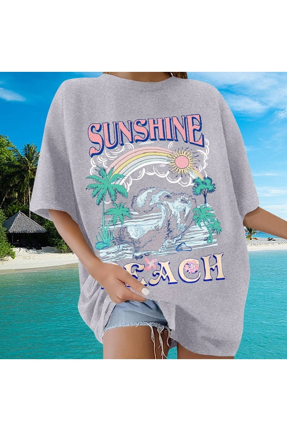 Womens Summer Tops Crew Neck Short Sleeve Tee Tops Loose Fit Baggy Graphic Work T-Shirt Comfy Lightweight Vintage Y2K Streetwear Grey L