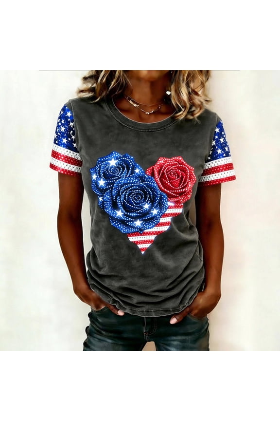 Womens Summer Tops Independence Day Short Sleeve Crew Neck Blouse Loose Fit Baggy Work Pullover Soft Workout Casual Y2K Clothes Grey L