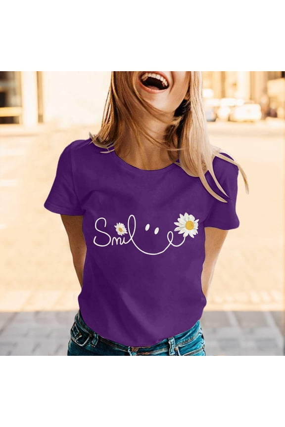 Womens Summer Tops Short Sleeve Crew Neck Tops Loose Fit Baggy Letter Print Work Tees Lightweight Comfy Vintage Y2K Streetwear Purple L