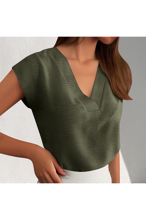 Womens Summer Tops V Neck Short Sleeve Solid Color Blouse Baggy Loose Fit Work Pullover Top Lightweight Comfy Y2K Streetwear Army Green L