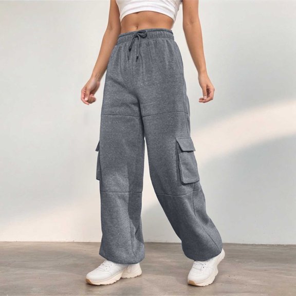 HOWPAY Womens Sweatpants High Elastic Waisted Solid Color Track Pants with Pockets Stretch Casual Wide Leg Loose Fit Comfy Lounge Pants Dark Gray S