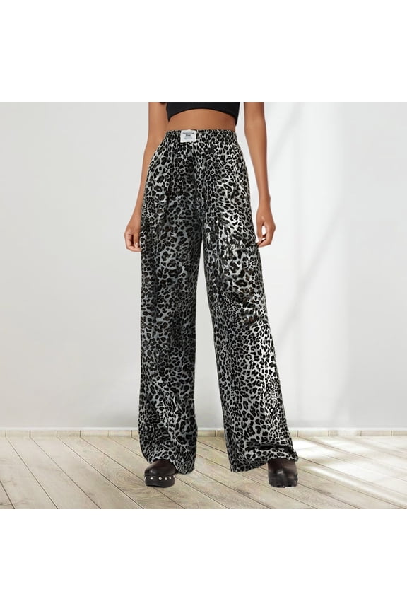 Womens Sweatpants Leopard Print Wide Leg High Elastic Waist Casual Trousers with Pockets Lightweight Stretchy Comfy Baggy Pants Light Gray S