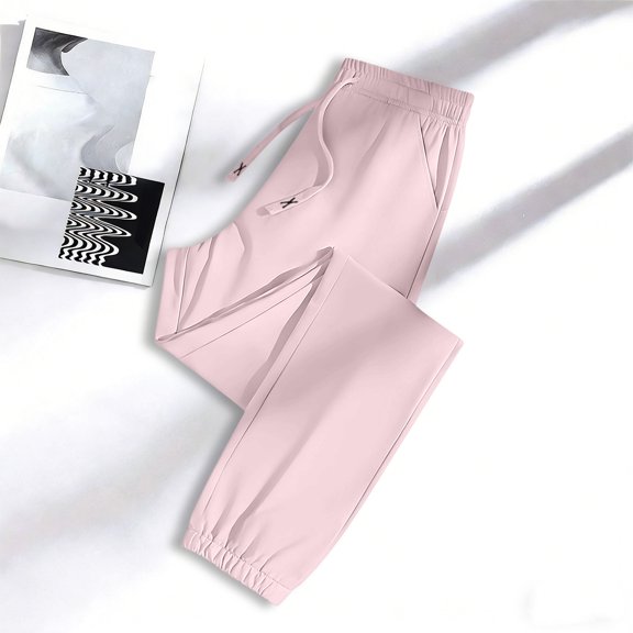 HOWPAY Womens Sweatpants Solid Color High Elastic Waisted Sweat Pants with Pockets Wide Leg Stretch Casual Loose Fit Workout Lounge Pants Pink M