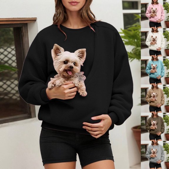 HOWPAY Womens Sweatshirt Animal Holder Pet Carrier Pullover Tops Kitten Puppy Pouch Kangaroo Pocket Shirts Long Sleeve Soft Warm Y2k Clothes Black L