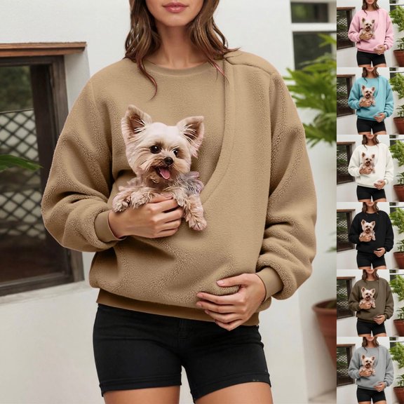 HOWPAY Womens Sweatshirt Animal Holder Pet Carrier Pullover Tops Kitten Puppy Pouch Kangaroo Pocket Shirts Long Sleeve Soft Warm Y2k Clothes Khaki S