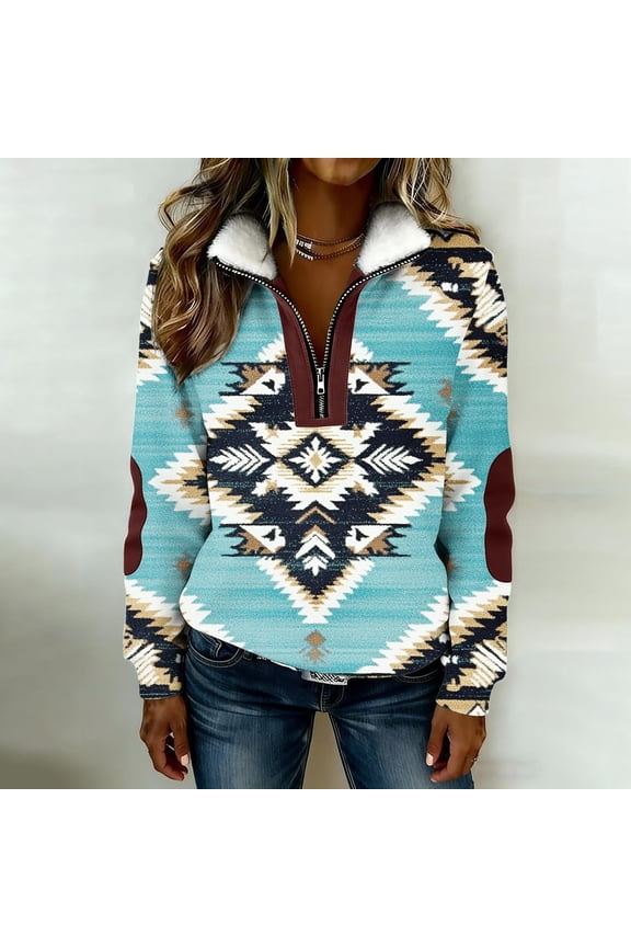 HOWPAY Womens Sweatshirt Quarter Zip Western Aztec Print Pullover Tops Collar Long Sleeve Vintage Warm Comfy Casual Y2k Clothes Mint Green XXXXXL