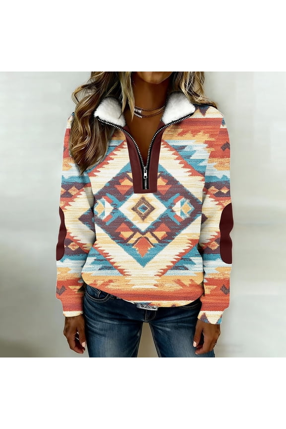 Womens Sweatshirt Western Aztec Graphic Quarter Zip Long Sleeve Collar Pullover Vintage Warm Comfy Fall Winter Casual Streetwear Orange XXL
