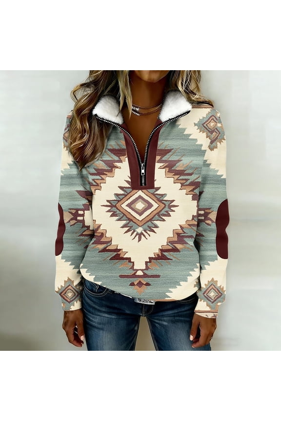 Womens Sweatshirt Western Aztec Print Quarter Zip Pullover Tops Collar Long Sleeve Casual Vintage Comfy Warm Y2k Clothes Light Green XXL
