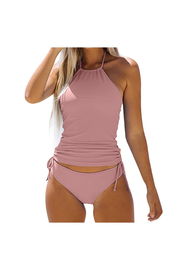 Womens Swimsuits Tankini Solid Color Halter Neck Top High Waisted Swim Suits with Bikini Bottom Sports Beach Pool 2 Piece Swimwear Pink L