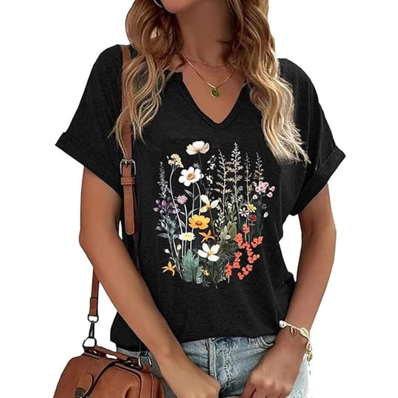 HOWPAY Womens T Shirts Graphic Boho Floral Short Sleeve V Neck Cute T Shirts Vintage Loose Fit Casual Oversized Tees Comfy Soft Fall Clothes Dark Blue S