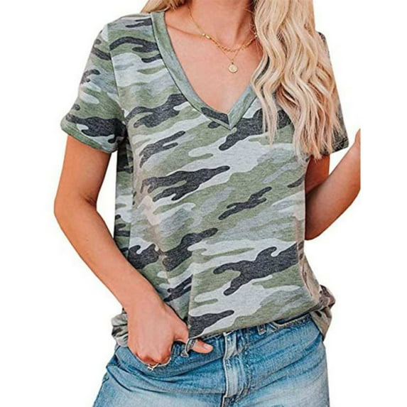 HOWPAY Womens T Shirts Graphic Boho V Neck Short Sleeve Cute Tee Tops Casual Loose Fit Vintage T-Shirt Oversized Cozy Soft Y2K Clothes Green L