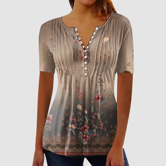 HOWPAY Womens T Shirts Graphic Boho V Neck Short Sleeve Tees Casual Loose Fit Vintage Floral T-Shirt Lightweight Comfy Soft Y2K Clothes Khaki M