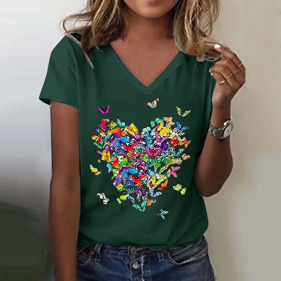 HOWPAY Womens T Shirts Graphic Short Sleeve V Neck Blouse Casual Loose Fit Vintage Basic Cute Tops Lightweight Cozy Soft Fall Clothes Green M