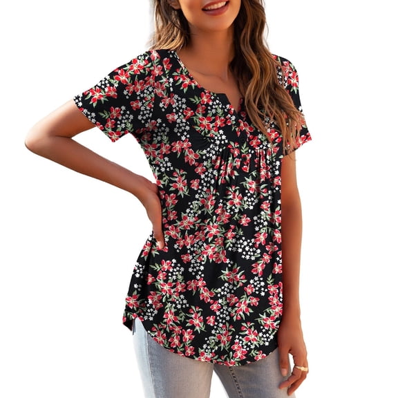 HOWPAY Womens T Shirts Graphic Short Sleeve V Neck Vintage Floral Tees Casual Loose Fit Boho Tops Lightweight Comfy Soft Y2K Clothes Red L