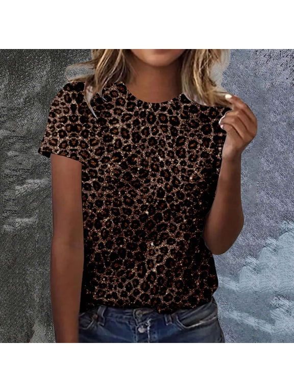 Womens T Shirts Short Sleeve Crew Neck Leopard Print Tee Casual Loose Fit Vintage Tops Lightweight Summer Y2k Streetwear Brown S