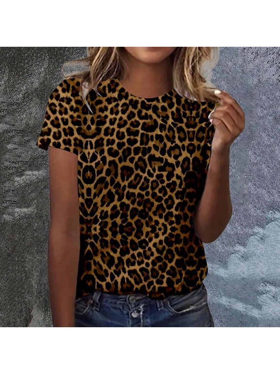 Womens T Shirts Short Sleeve Crew Neck Leopard Print Tee Casual Loose Fit Vintage Tops Lightweight Summer Y2k Streetwear Khaki L