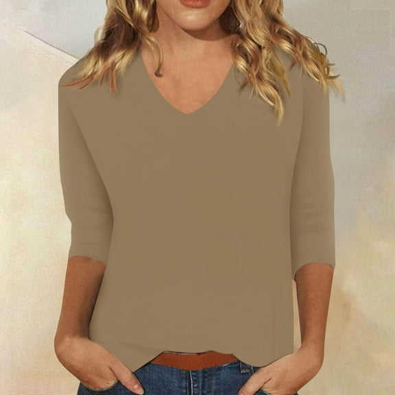 HOWPAY Womens T Shirts V Neck 3/4 Length Sleeve Blouses Solid Color Loose Fit Dressy Casual Basic Tops Lightweight Soft Comfy Y2K Clothes Khaki L