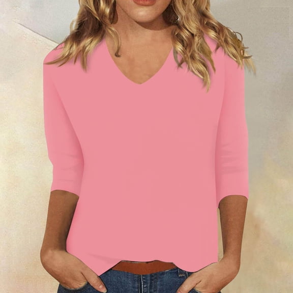 HOWPAY Womens T Shirts V Neck 3/4 Length Sleeve Blouses Solid Color Loose Fit Dressy Casual Basic Tops Lightweight Soft Comfy Y2K Clothes Pink S