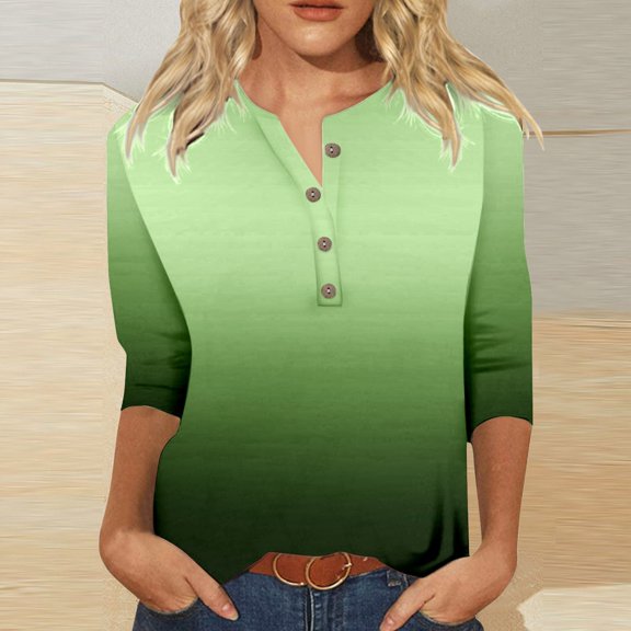 HOWPAY Womens T Shirts V Neck 3/4 Length Sleeve Graphic Dressy Casual Tunic Tops Loose Fit Lightweight Blouses Soft Comfy Y2K Clothes Dark Blue XL