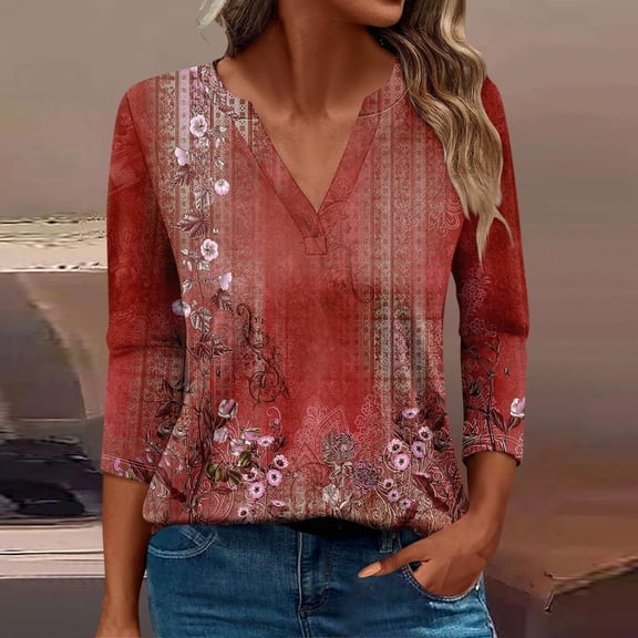 HOWPAY Womens T Shirts V Neck 3/4 Length Sleeve Printed Loose Fit Dressy Casual Tunic Tops Lightweight Blouses Soft Comfy Fall Clothes Brick Red XL