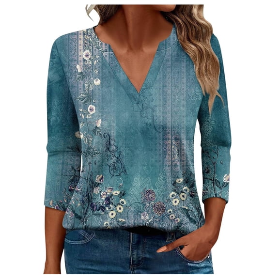 HOWPAY Womens T Shirts V Neck 3/4 Length Sleeve Printed Loose Fit Dressy Casual Tunic Tops Lightweight Blouses Soft Comfy Y2K Clothes Light Blue S