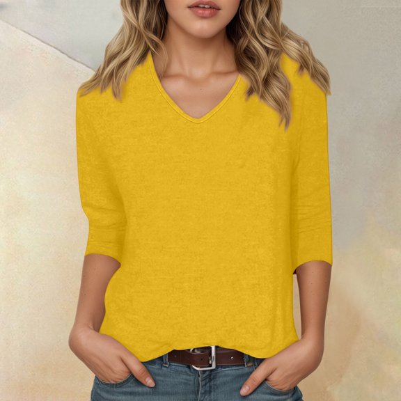 HOWPAY Womens T Shirts V Neck 3/4 Length Sleeve Solid Color Dressy Lightweight Casual Tunic Blouses Loose Fit Soft Comfy Y2K Clothes Yellow S