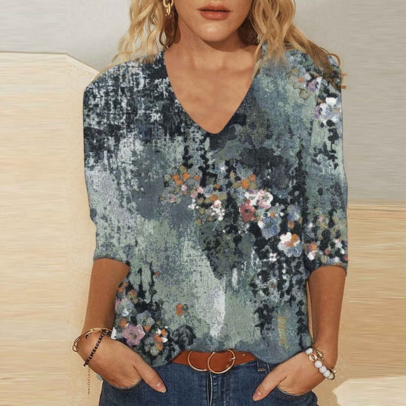 HOWPAY Womens T Shirts V Neck 3/4 Sleeve Printed Loose Fit Dressy Casual Tunic Blouses Lightweight Tops Soft Comfy Y2K Clothes Grey S