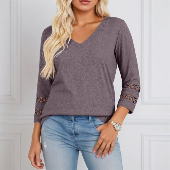HOWPAY Womens T Shirts V Neck 3/4 Sleeve Solid Color Dressy Casual Loose Fit Tunic Blouses Lightweight Tops Soft Comfy Fall Clothes Dark Gray L