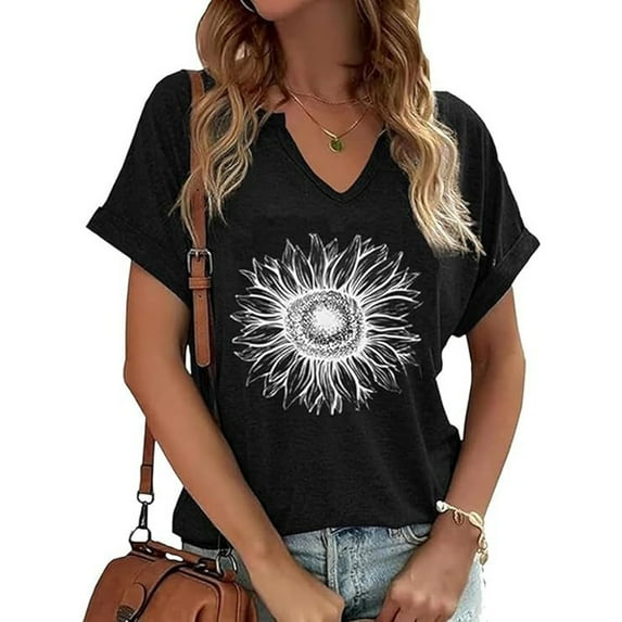 HOWPAY Womens T Shirts V Neck Short Sleeve Floral Print Boho Shirts Casual Loose Fit Summer Oversized Comfy Baggy Y2K Streetwear Black S