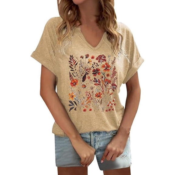 HOWPAY Womens Tops Graphic Boho Floral Short Sleeve Pullover V Neck Loose Fit Casual Vintage Cute Tees Oversized Comfysoft Fall Clothes Beige XXL