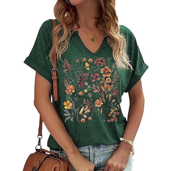HOWPAY Womens Tops Graphic Boho Floral Short Sleeve Pullover V Neck Loose Fit Casual Vintage Cute Tees Oversized Comfysoft Fall Clothes Dark Green XL
