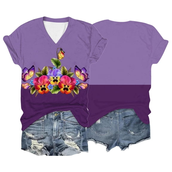 HOWPAY Womens Tops Graphic Boho Floral Short Sleeve V Neck Cute T-Shirt Loose Fit Casual Tee Tops Oversized Comfy Soft Y2K Clothes Red XXXXL