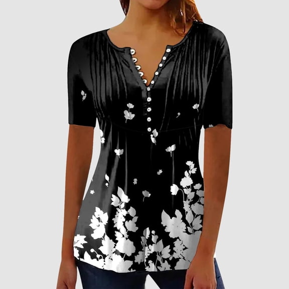 HOWPAY Womens Tops Graphic Boho V Neck Short Sleeve Tees Casual Loose Fit Vintage Floral T-Shirt Lightweight Comfy Soft Fall Clothes Black L