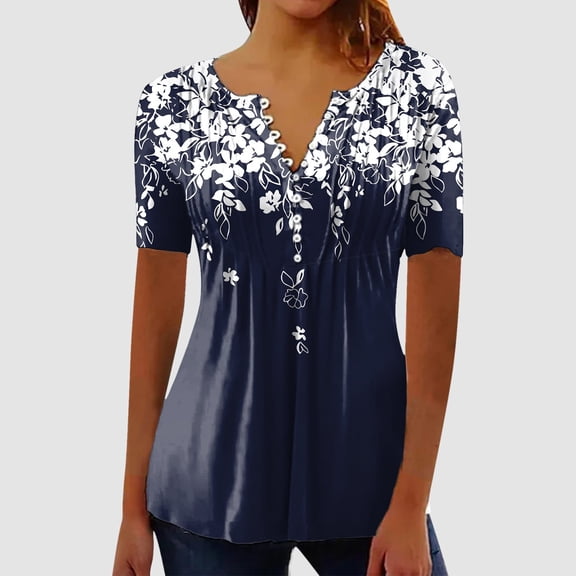 HOWPAY Womens Tops Graphic Boho V Neck Short Sleeve Tees Casual Loose Fit Vintage Floral T-Shirt Lightweight Comfy Soft Fall Clothes Dark Blue XL