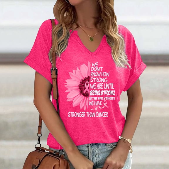 HOWPAY Womens Tops Graphic Short Sleeve V Neck Cute Tunic Tee Tops Casual Loose Fit Vintage Basic T-Shirt Oversized Cozy Soft Y2K Clothes Hot Pink XL