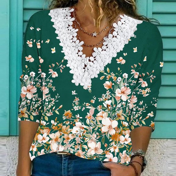 HOWPAY Womens Tops Long Sleeve Lace V Neck Printed Tunic T-Shirt Dressy Casual Basic Blouse Vintage Oversized Comfy Soft Y2K Clothes Green XXL