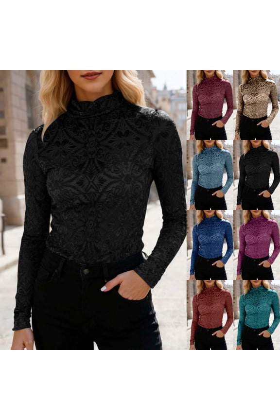 Womens Tops Long Sleeve Velvet Burnout Turtleneck Elegant Shirt Soft Slim Fit Semi See Through Blouse Causal Comfy Fall Clothes Black L