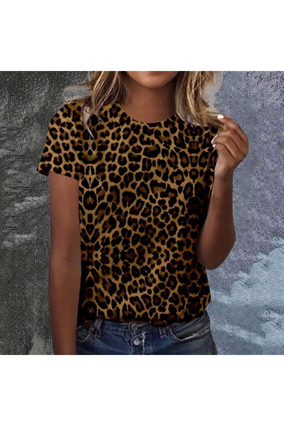 Womens Tops Summer Short Sleeve Crew Neck Leopard Print Tops Loose Fit Baggy Work Tees Lightweight Vintage Y2K Clothes Khaki L