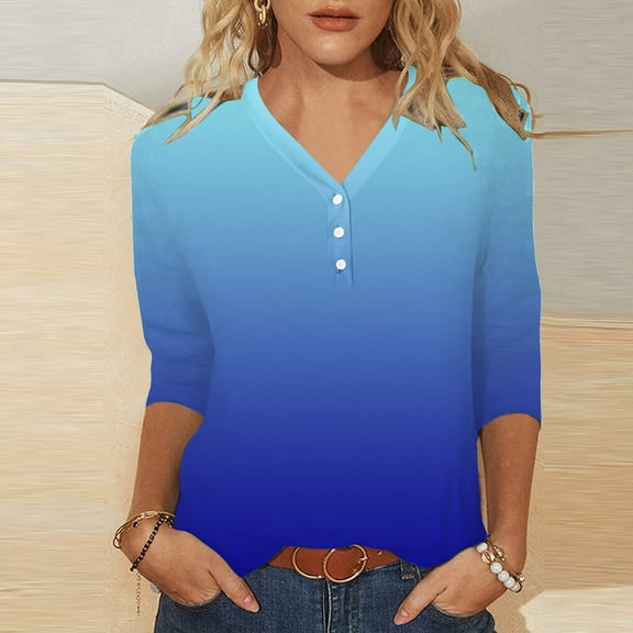 HOWPAY Womens V Neck T Shirts 3/4 Length Sleeve Printed Loose Fit Dressy Casual Tunic Tee Lightweight Blouses Soft Comfy Y2K Clothes Blue L