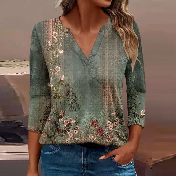 HOWPAY Womens V Neck T Shirts 3/4 Length Sleeve Printed Loose Fit Dressy Casual Tunic Tops Lightweight Blouses Soft Comfy Fall Clothes Army Green L