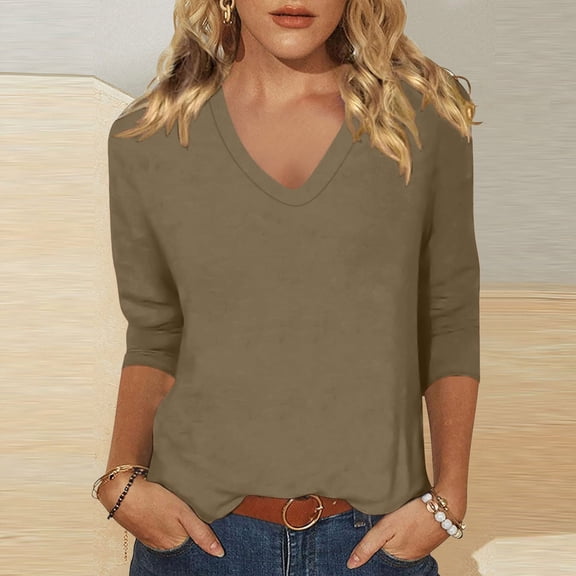 HOWPAY Womens V Neck T Shirts 3/4 Length Sleeve Solid Color Loose Fit Casual Dressy Tunic Tops Lightweight Blouses Soft Comfy Fall Clothes Khaki M