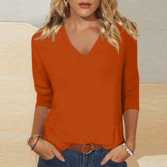 HOWPAY Womens V Neck T Shirts 3/4 Length Sleeve Solid Color Loose Fit Casual Dressy Tunic Tops Lightweight Blouses Soft Comfy Fall Clothes Orange L