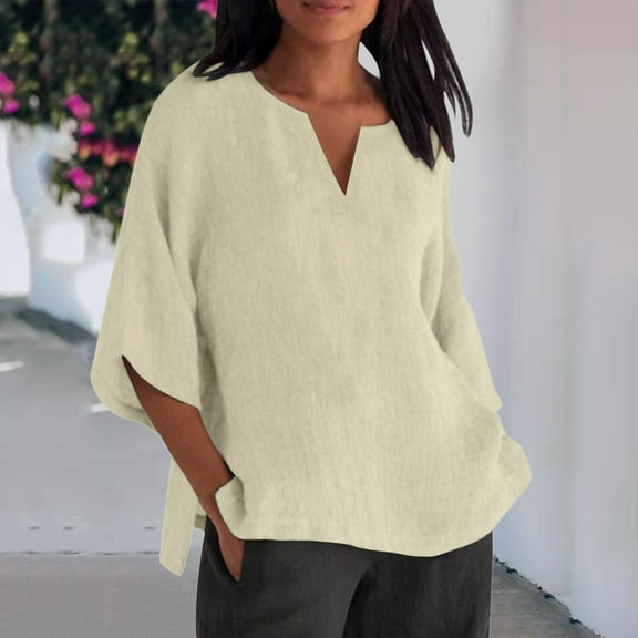 HOWPAY Womens V Neck T Shirts 3/4 Length Sleeve Tee Tops Solid Color Loose Fit Dressy Casual Basic Blouses Lightweight Soft Fall Clothes Khaki XXL