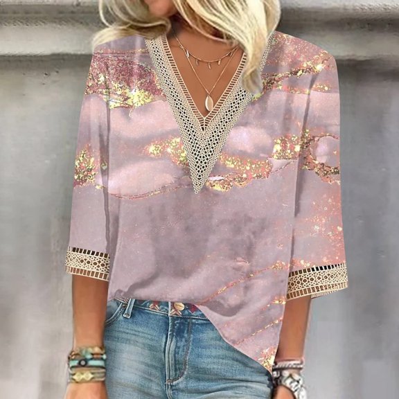 HOWPAY Womens V Neck T Shirts 3/4 Sleeve Printed Dressy Casual Loose Fit Tunic Blouses Lightweight Tops Soft Comfy Fall Clothes Light Pink XL