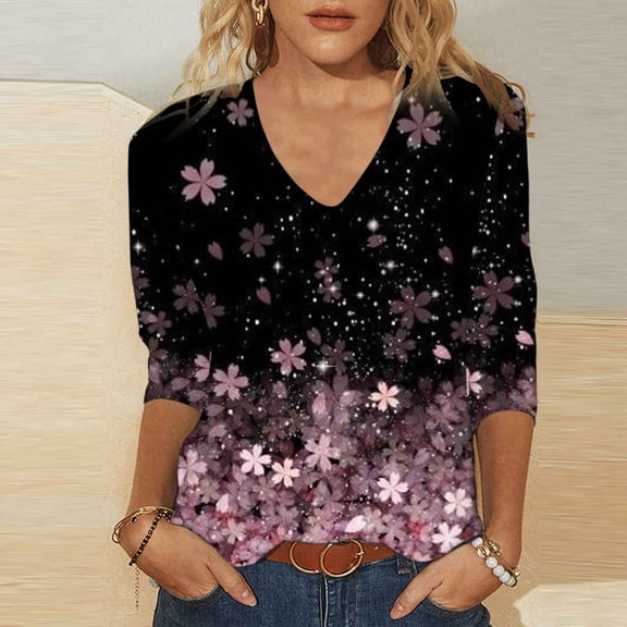 HOWPAY Womens V Neck T Shirts 3/4 Sleeve Printed Loose Fit Dressy Casual Tunic Blouses Lightweight Tops Soft Comfy Y2K Clothes Pink M