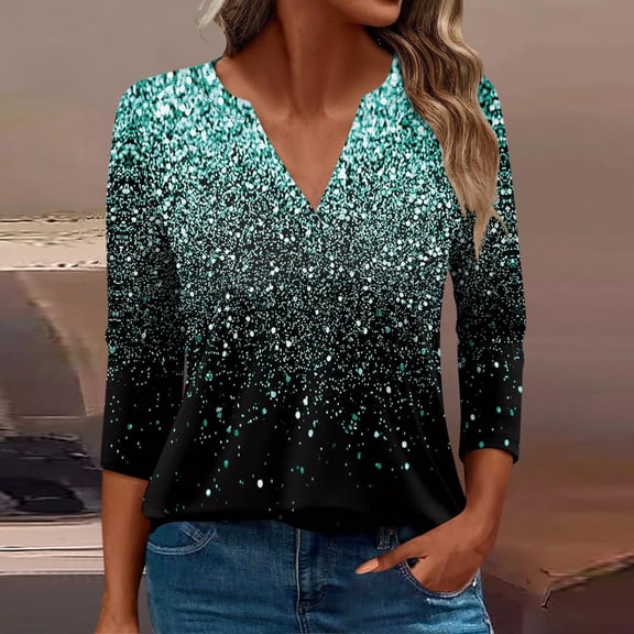 HOWPAY Womens V Neck T Shirts 3/4 Sleeve Printed Loose Fit Dressy Casual Tunic Tee Top Lightweight Blouses Soft Comfy Fall Clothes Green L