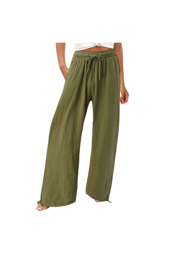 Womens Wide Leg Pants High Elastic Waist Drawstring Lounge Pants Solid Color Lightweight Pull on Baggy Flowy Palazzo Trousers Army Green S